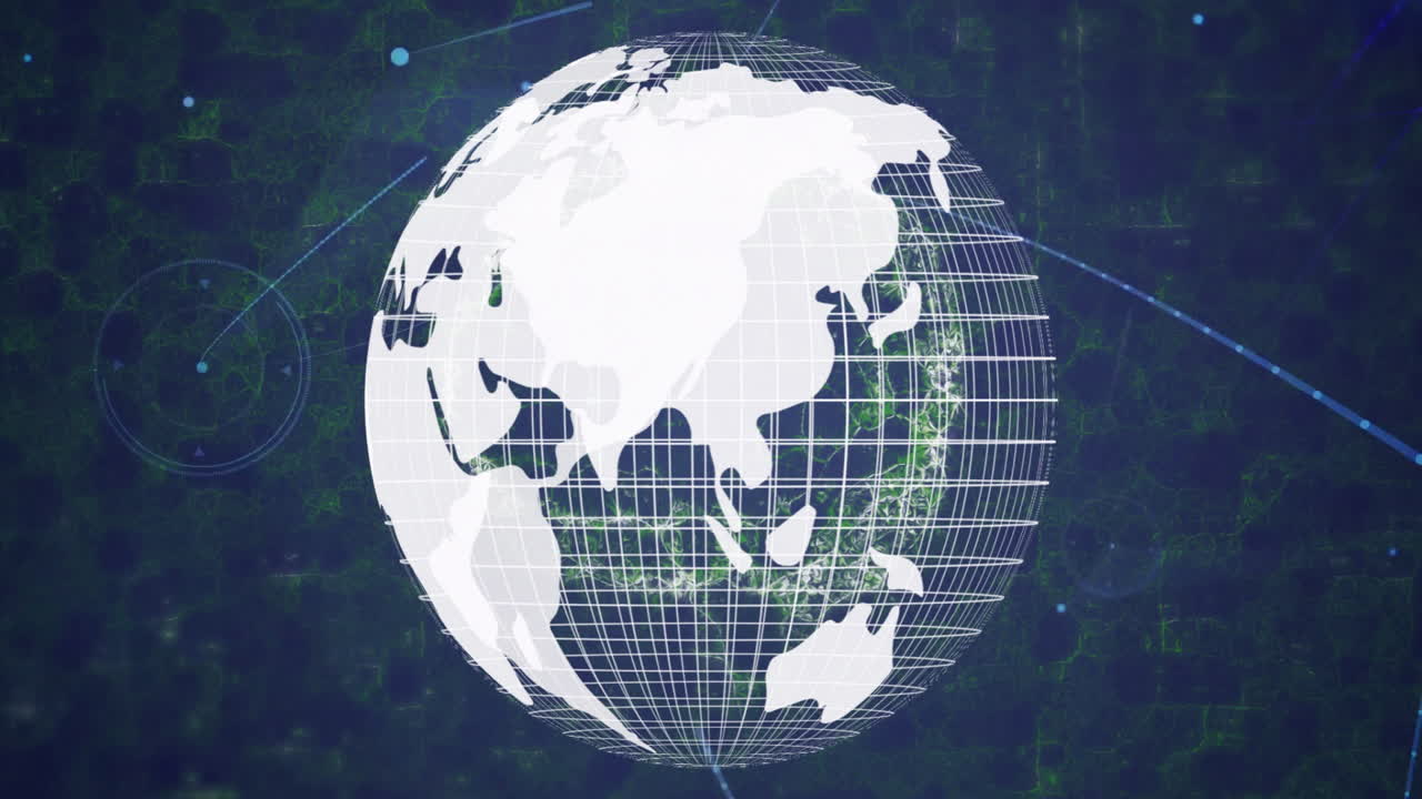 Animation of rotating globe with grid lines over digital network background