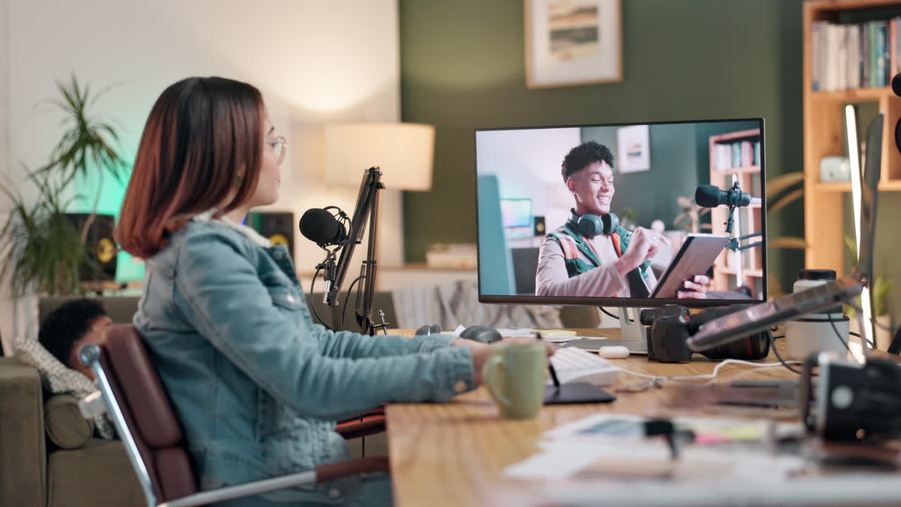 Woman recording a podcast at her desk