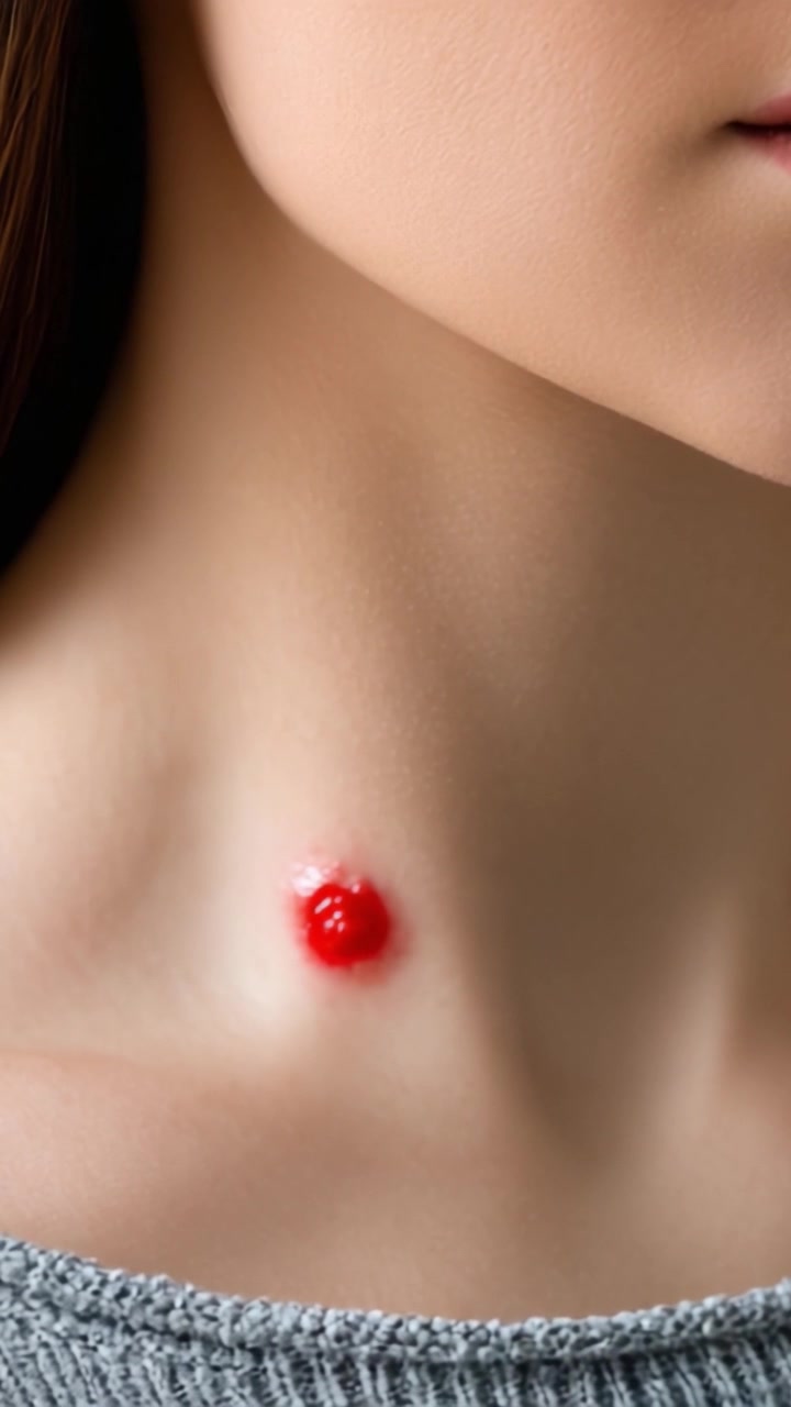 Primo piano di un'imperfezione cutanea sul collo: un momento di esame di un piccolo rigonfiamento rosso che evidenzia le preoccupazioni per la salute e la bellezza della pelle in un'inquadratura focalizzata