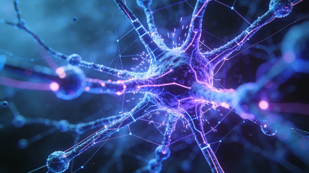 Firing neuron soma responding to pulse in lab, sending sparks along dendrites and axon to signal