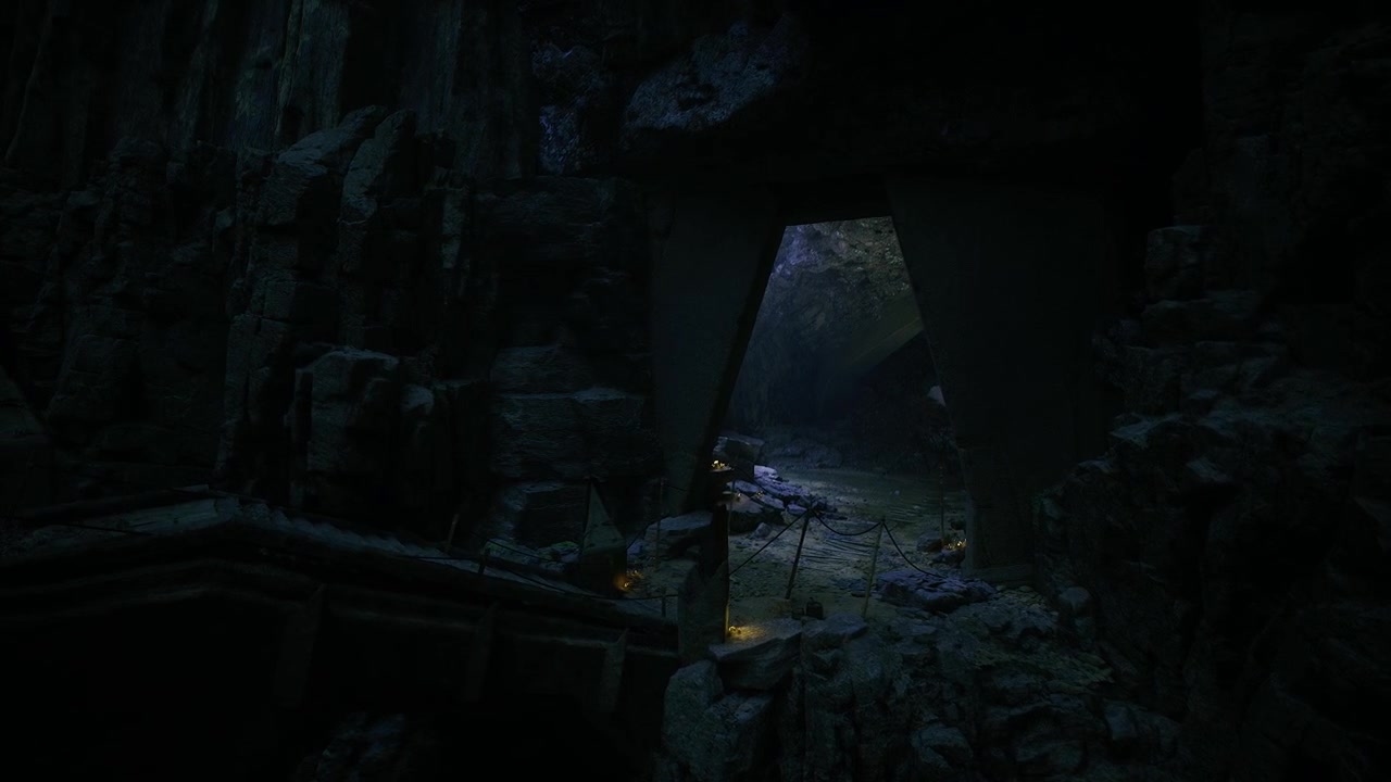 Arco de caverna misterioso com luz resplandecente e portas secretas