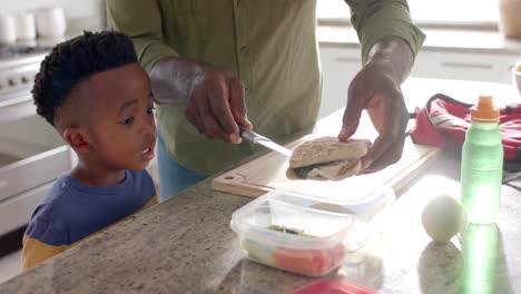 Abuelo-Afroamericano-Preparando-Almuerzo-Para-Llevar-Con-Su-Nieto-En-La-Cocina-Antes-De-La-Escuela,-Cámara-Lenta