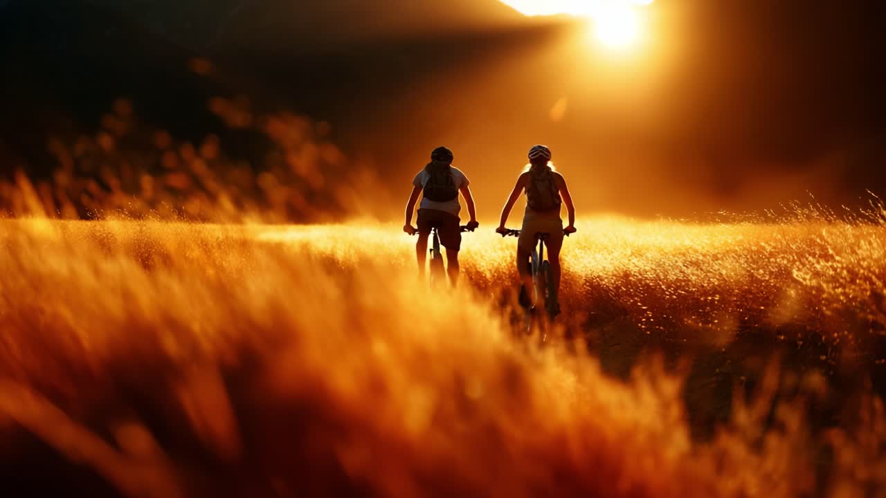 Two Cyclists Journeying Through a Golden Field at Sunset, Capturing the Essence of Adventure and Nature as They Travel Together, Embracing the Serene Beauty Around Them