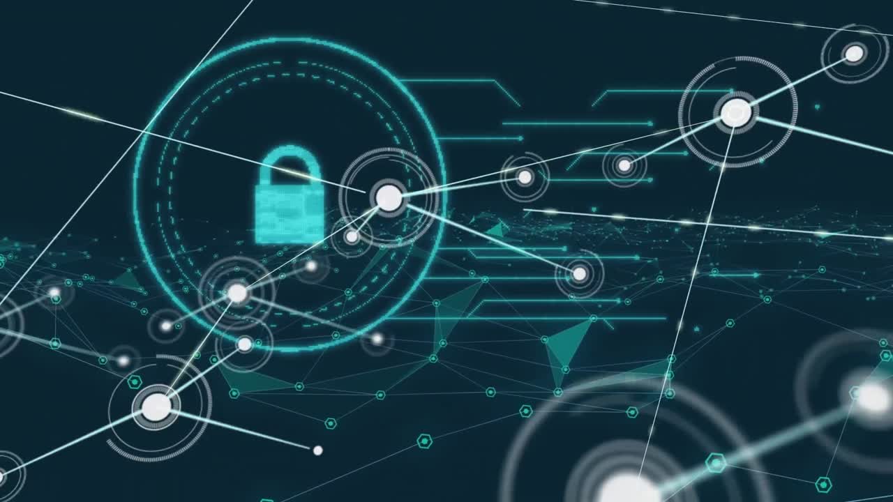 Animation of network of connections with icons over digital padlock
