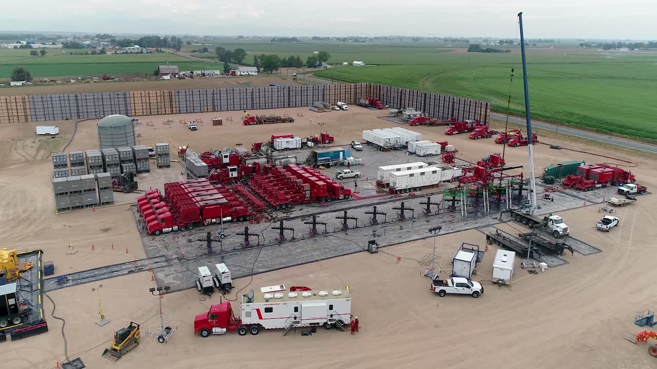 Aerial View of a Hydraulic Fracturing (Fracking) Site in a Rural Landscape