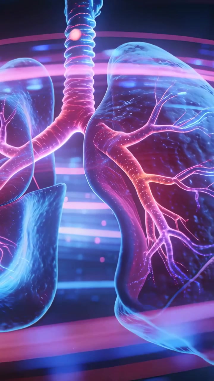 Vertical video: View shifting, lungs pulsing and revealing right bronchi in med lab, magenta glow