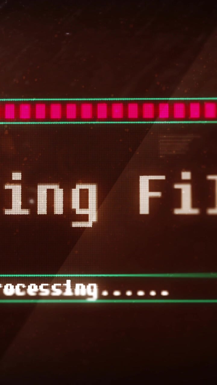 Vertical video: Processing starting screen UI cycling red blocks to show progress while cam tilting