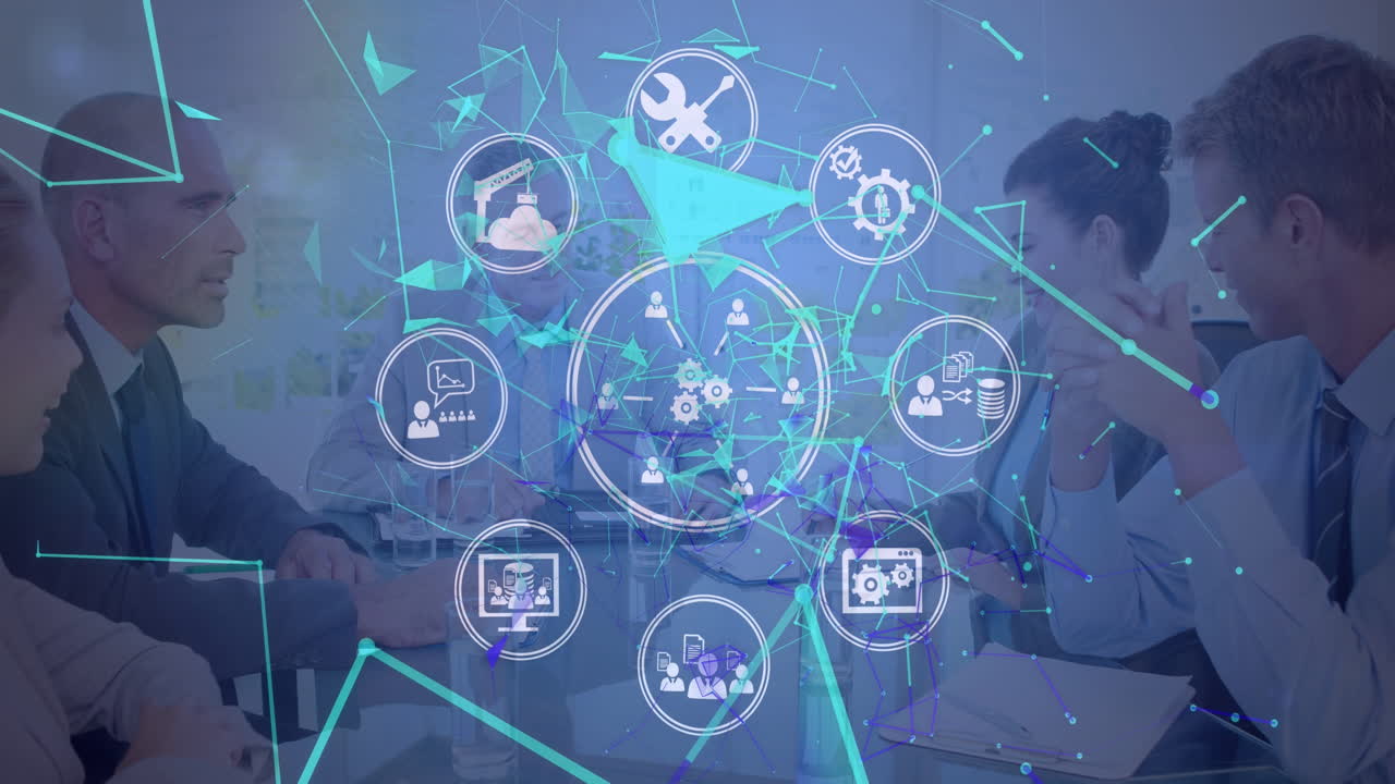 animación de una red de iconos digitales sobre diversas personas de negocios