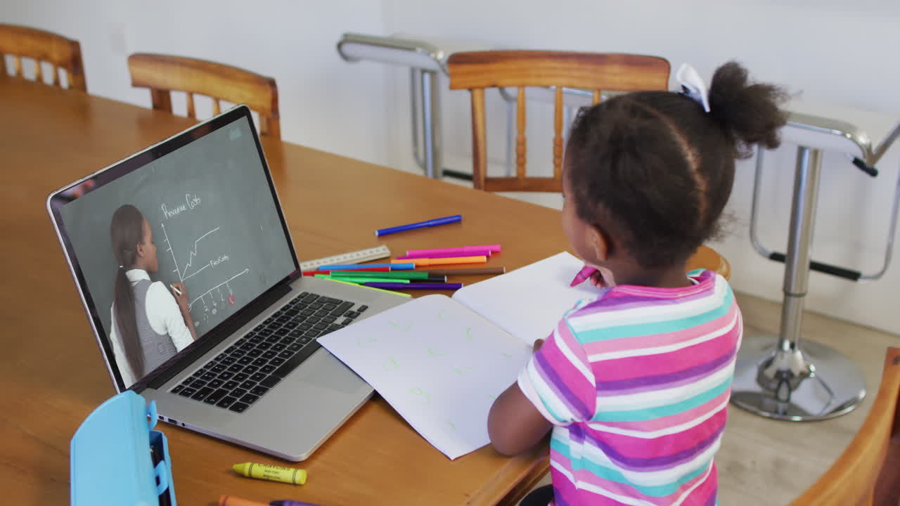 African american girl doing homework while having a video call on laptop at home