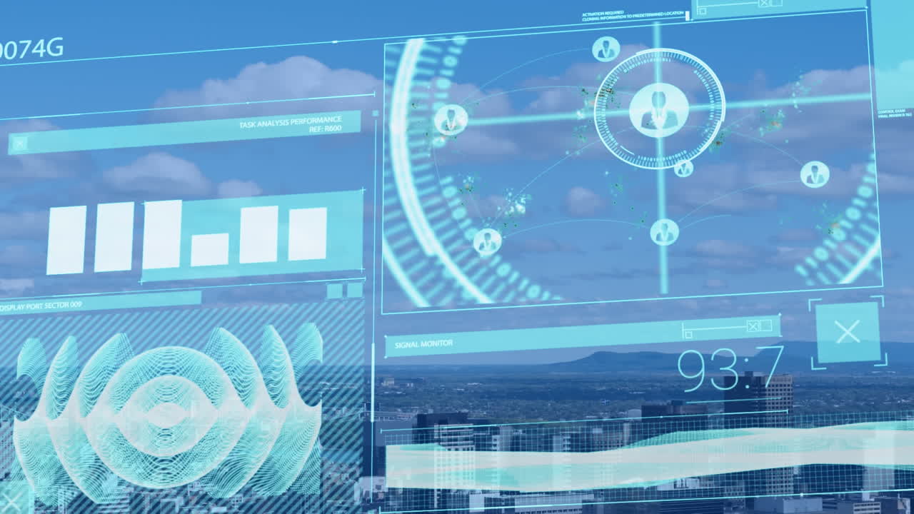 animación de la interfaz con el procesamiento de datos frente a una vista aérea del paisaje urbano