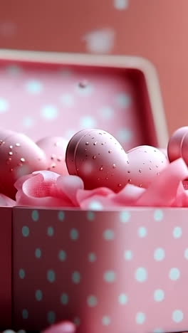 heart-shaped decor gift box. a pink gift box overflows with heart-shaped ornaments and petals, creating a romantic atmosphere for a special occasion.