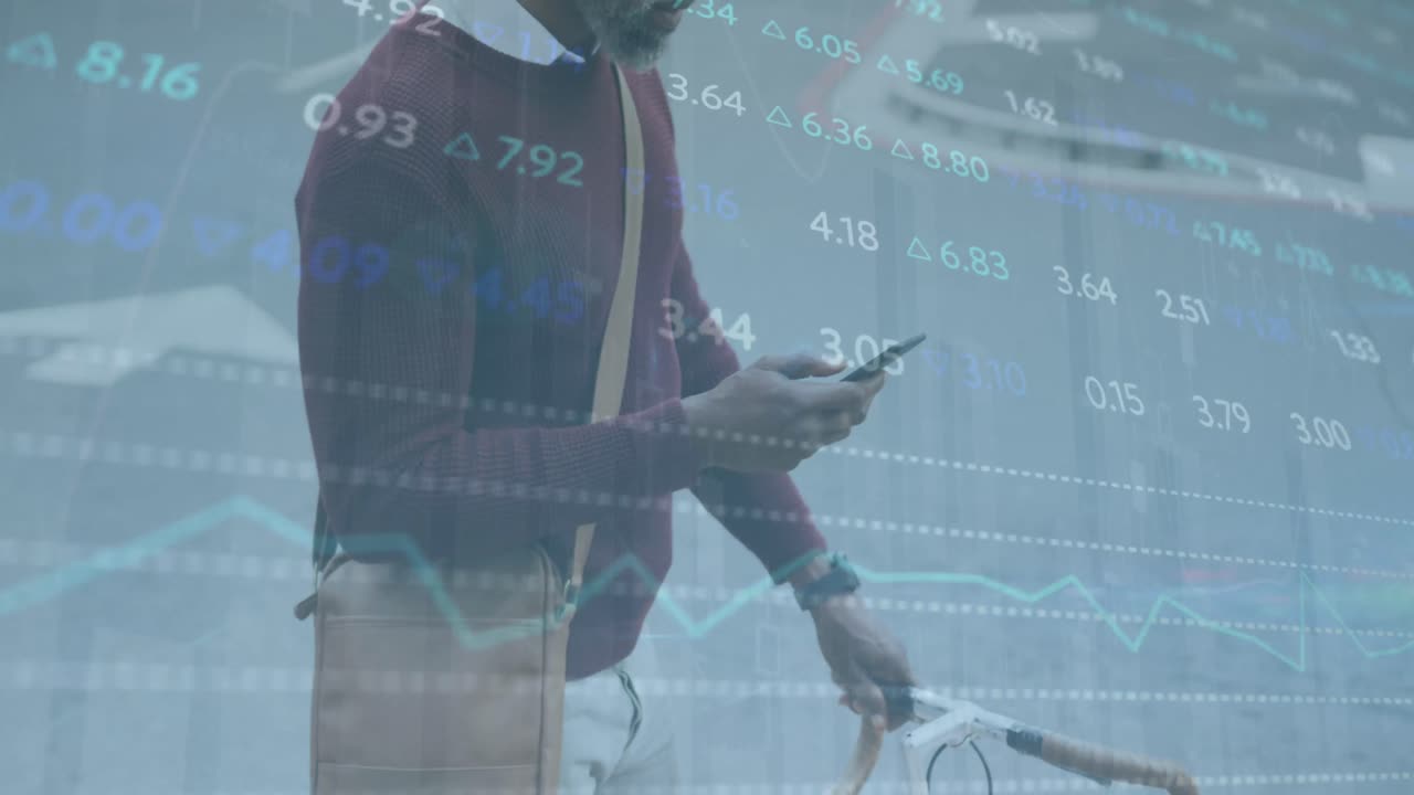 animazione di una tavola di negoziazione su un anziano afroamericano in bicicletta che usa un cellulare