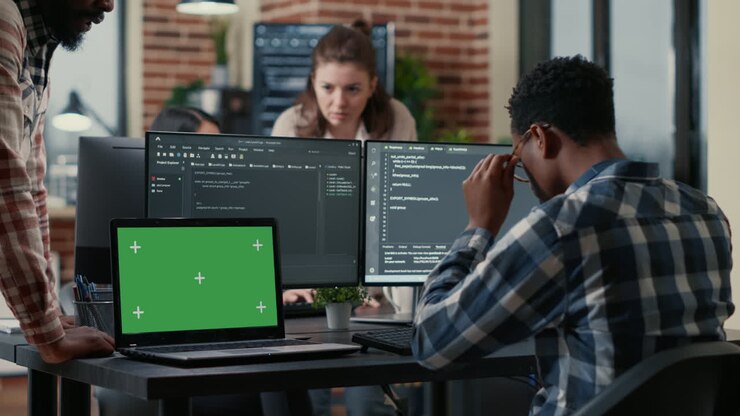 Programer taking glasses off talking with colleague at desk with laptop with green screen chroma key mockup