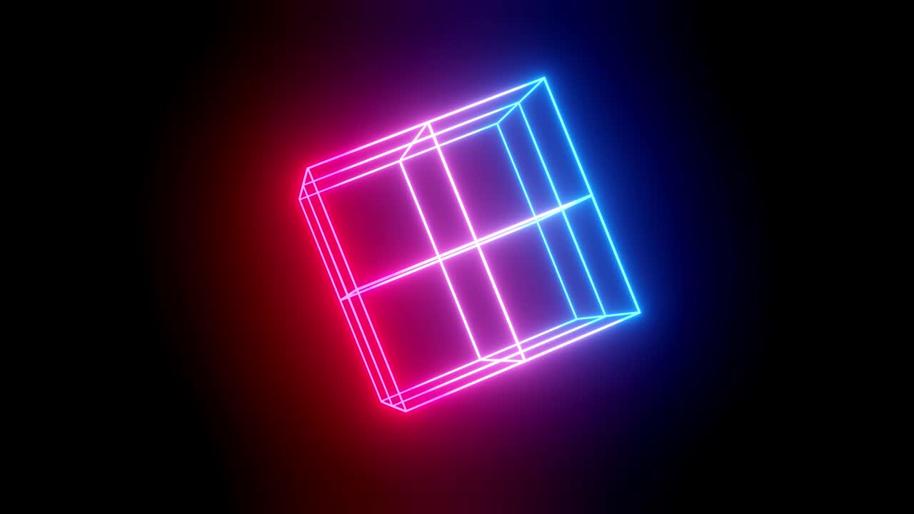 cubo de neón giratorio. fondo de animación en bucle 4k con brillo de neón, gradiente de luz azul rojo magenta. figura de marco luminoso 3d gira suavemente en la oscuridad en ciclo.