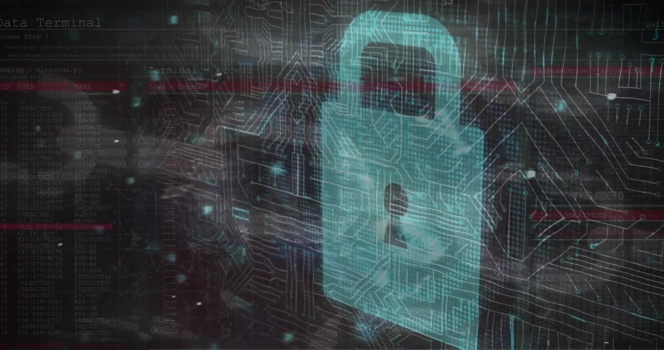 Multiple changing numbers and letters against security padlock icon and close up of an female eye