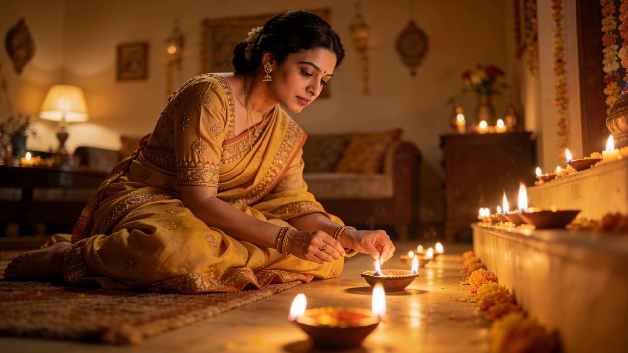 Lighting woman in yellow sari holding lit diya, lighting line of diyas at home for ritual