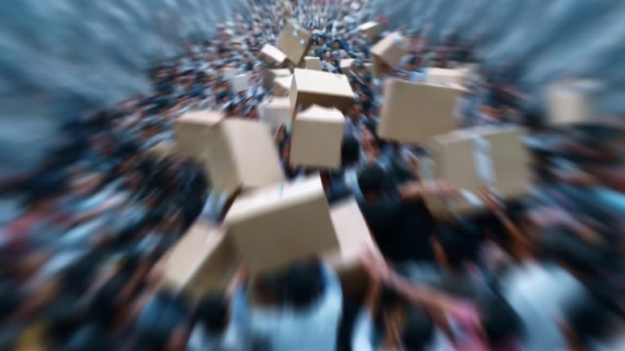 A Chaotic Scene of Individuals Collectively Handling an Overwhelming Amount of Packages Amidst a Confined Space, Highlighting Human Interaction and Urgent Activity Surrounding Delivery Logistics