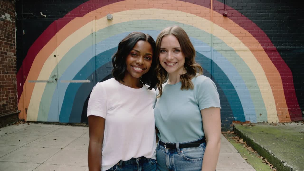 Smiling two women leaning while posing for camera in alley, showing rainbow mural tshirts and jeans