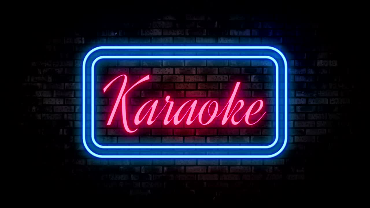 벽돌 벽에 카라오케 네온 불빛, 밤 바, 박이는 네온 표지판, 모션 애니메이션