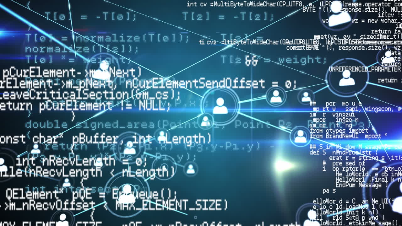 사람들과의 연결 네트워크의 애니메이션 아이콘과 데이터 처리