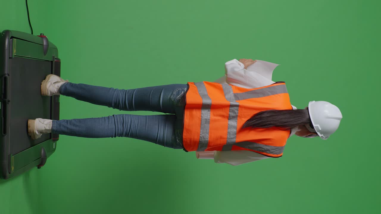 안전 헬을 입은 아시아 여성 엔지니어가 손에 블루프린트를 들고 녹색 스크린 배경 스튜디오에서 는 동안 주변을 둘러보고 있습니다.