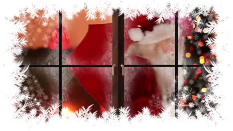 frontera de copos de nieve de navidad con santa en la casa con regalos