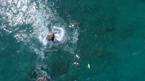 Wide-top-down-shot-from-aerial-drone-view-of-surfers-waiting-for-a-wave-near-rock