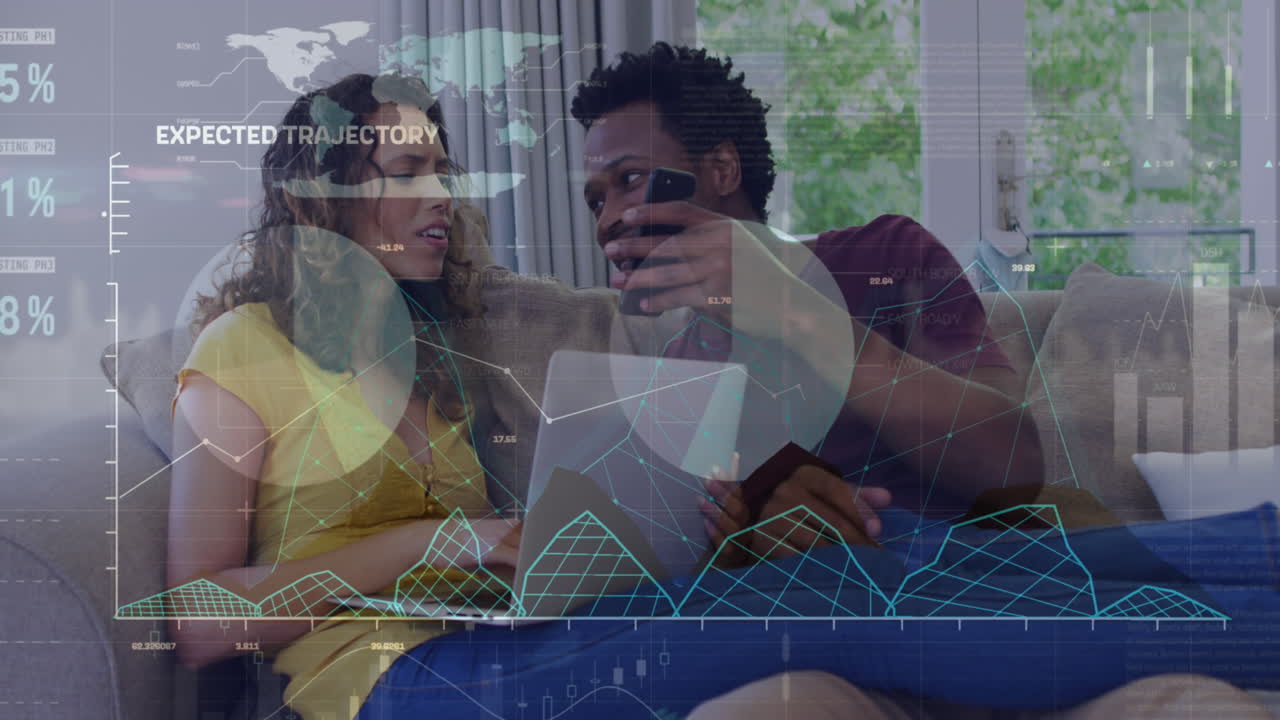 Animation of digital icons with data processing over diverse couple using laptop