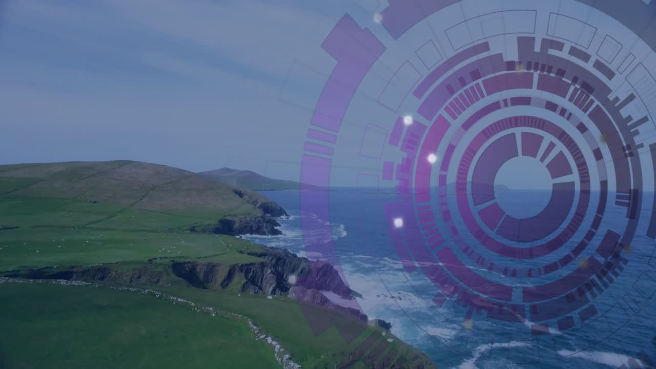 HUD viola che appare dal bordo destro, con anelli che si spostano e punti che si muovono per visualizzare la mappatura costiera.