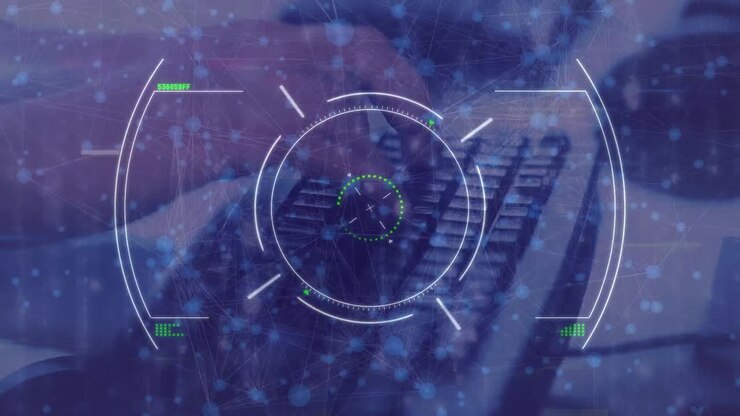 Animation of scope scanning, network of connections, hands typing computer keyboard