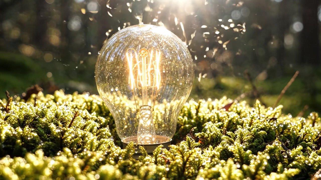 A luminous electric bulb illuminating a vibrant mossy ground amidst a stunning forest backdrop, showcasing nature’s beauty intertwined with modern technology.