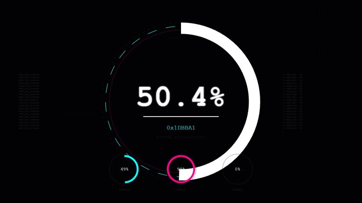 Barra di avanzamento di caricamento digitale con contatore percentuale e visualizzazione dati.