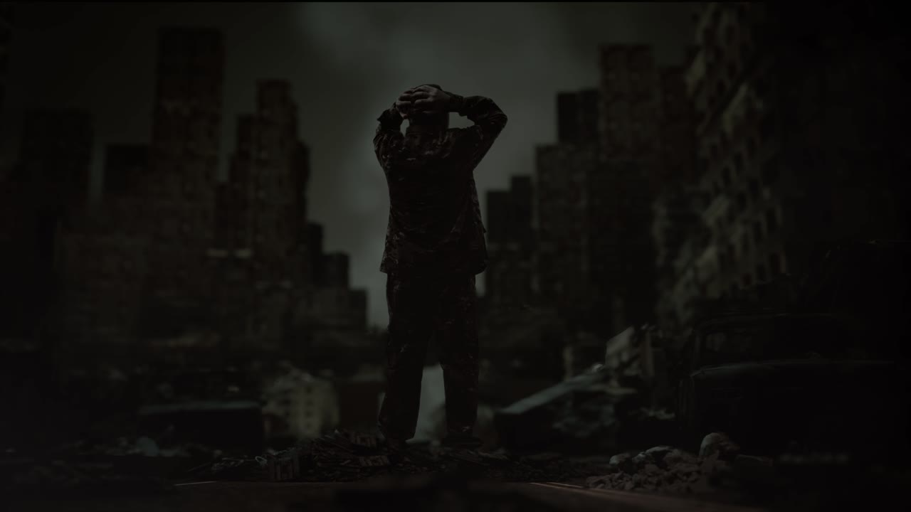 vista trasera completa del cuerpo de un soldado masculino asiático con las manos detrás de la cabeza mirando a su alrededor mientras está de pie en medio de una ciudad en ruinas después de una guerra