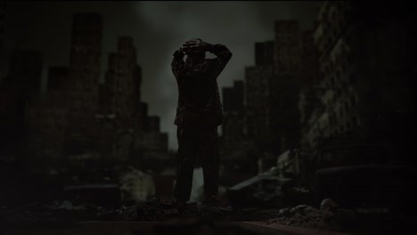 full body back view of asian male soldier with hands behind head looking around while standing in the midst of a ruined city after a war