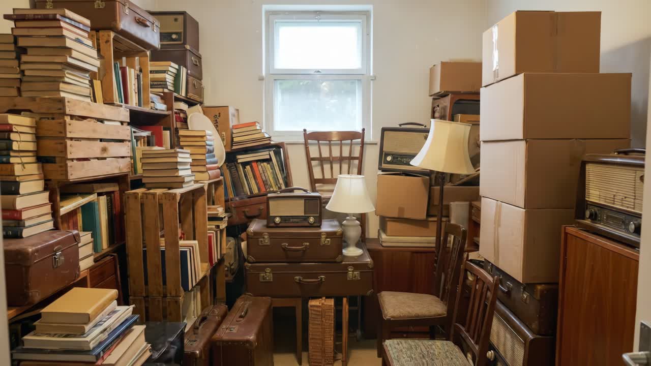 Time lapse de una habitación desordenada llenándose de objetos vintage y cajas