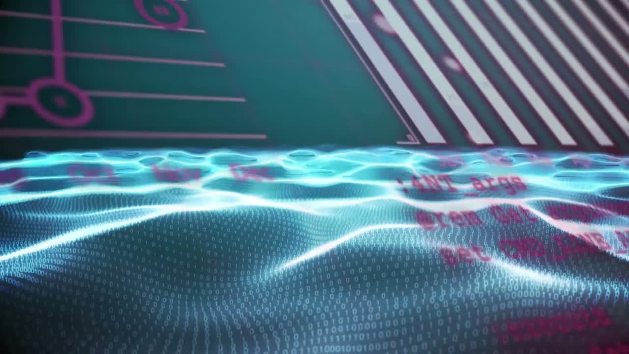 Animation of graphs and data over waves on green background