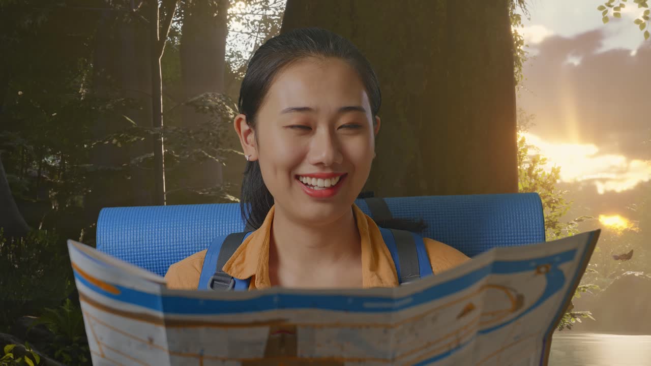 Close Up Of Asian Female Hiker With Mountaineering Backpack Looking At The Map Then Smiling To Camera While Exploring Forest Nature