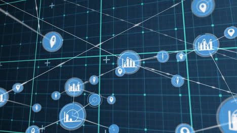 network of connections and data processing animation over blue grid background