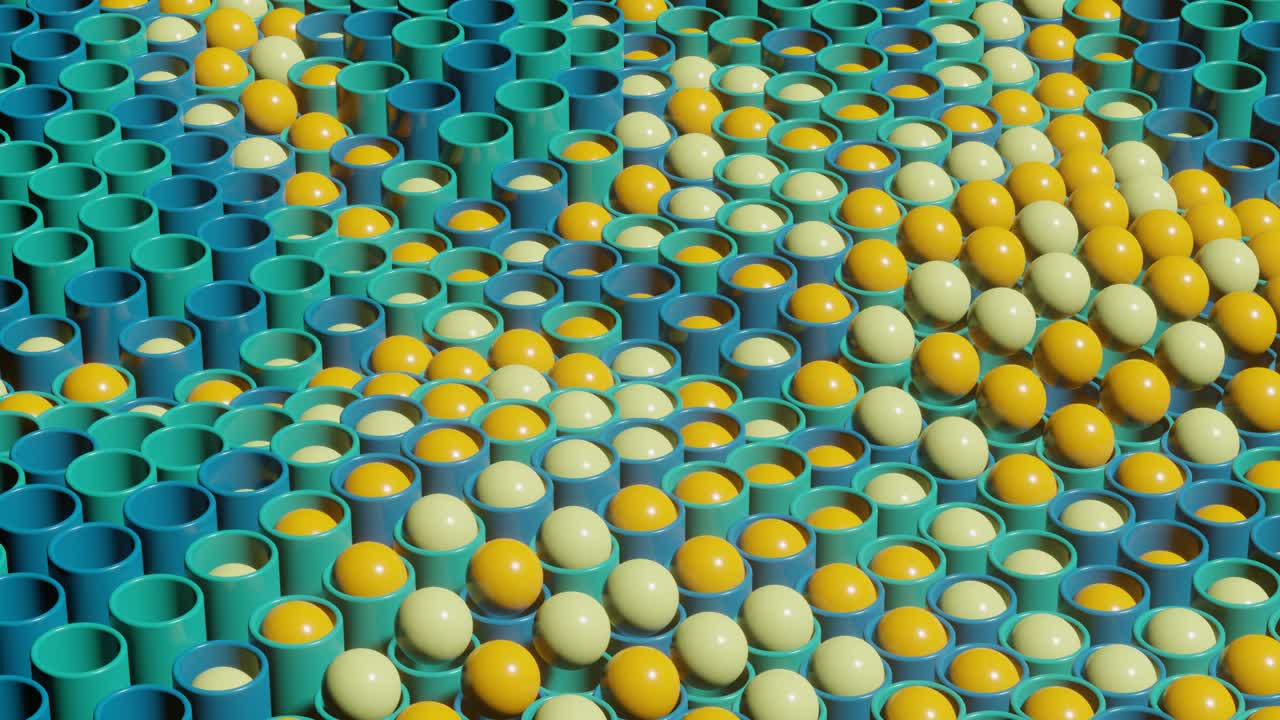 추상적인 3d 렌더링 장면, 애니메이션 다채로운 공과 실린더, 완벽한 루프, 현대적인 만족스러운 모션 그래픽