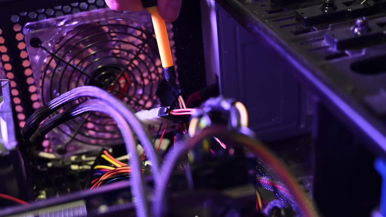 Close up of a man cleaning the dust from a computer using an air blower