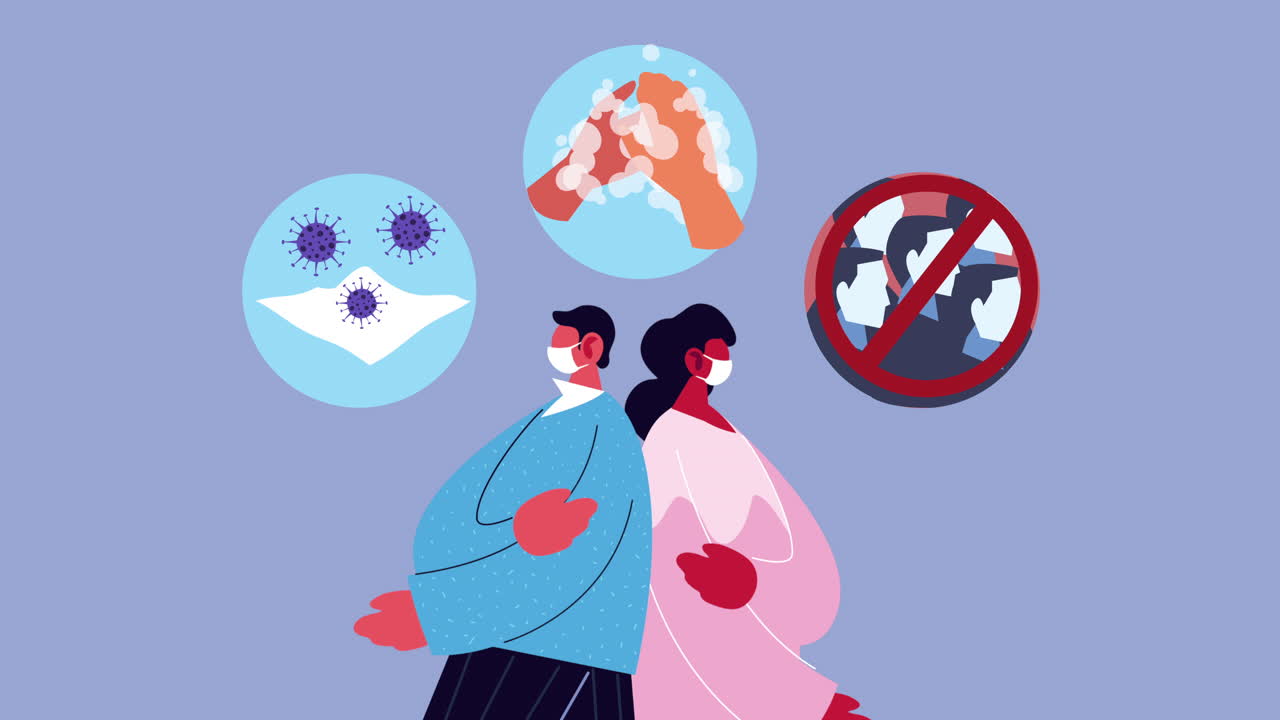 covid-19 예방 방법과 함께 의료 마스크를 착용하는 커플