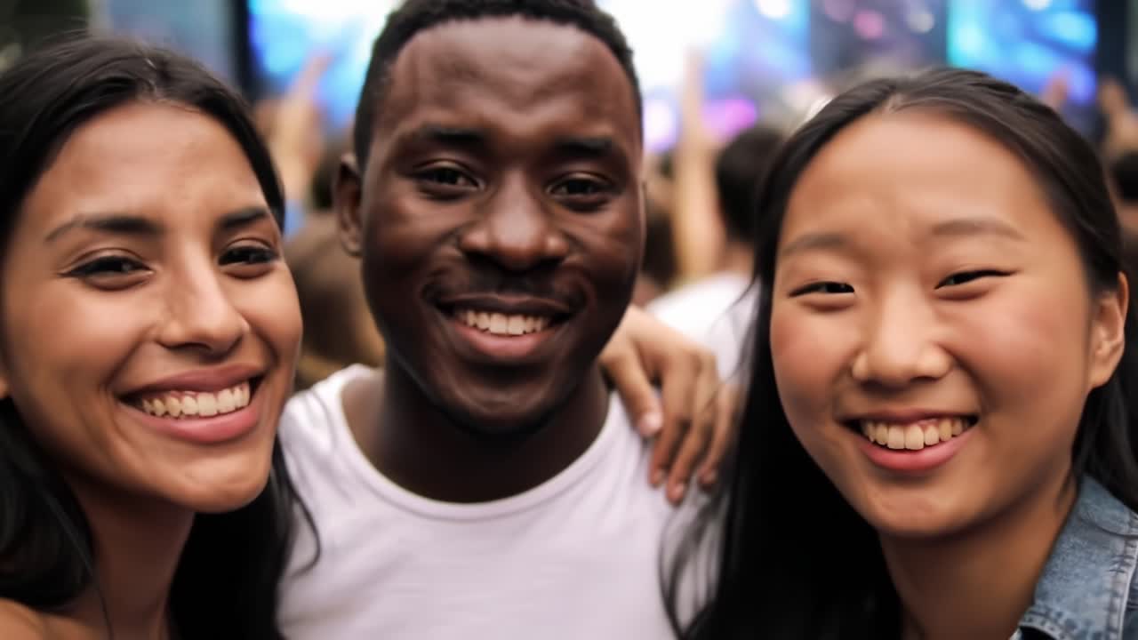 Friends Enjoying a Summer Festival in a Lively Outdoor Setting With Vibrant Performances