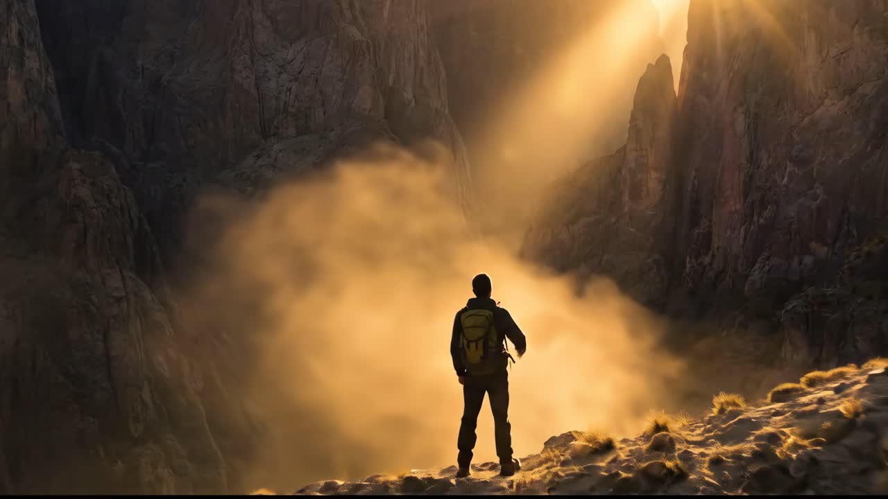 Escursionista in piedi in un canyon di montagna con drammatici raggi di sole al tramonto
