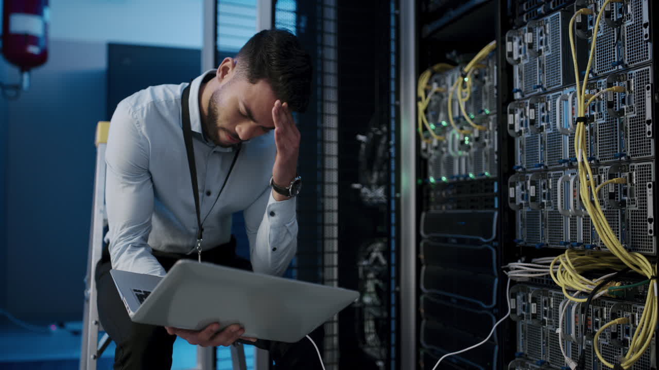 técnico estresado en la sala de servidores