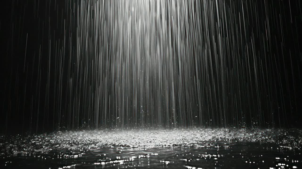 A dramatic, low-angle video shot captures rain falling in streaks, creating a mesmerizing pattern
