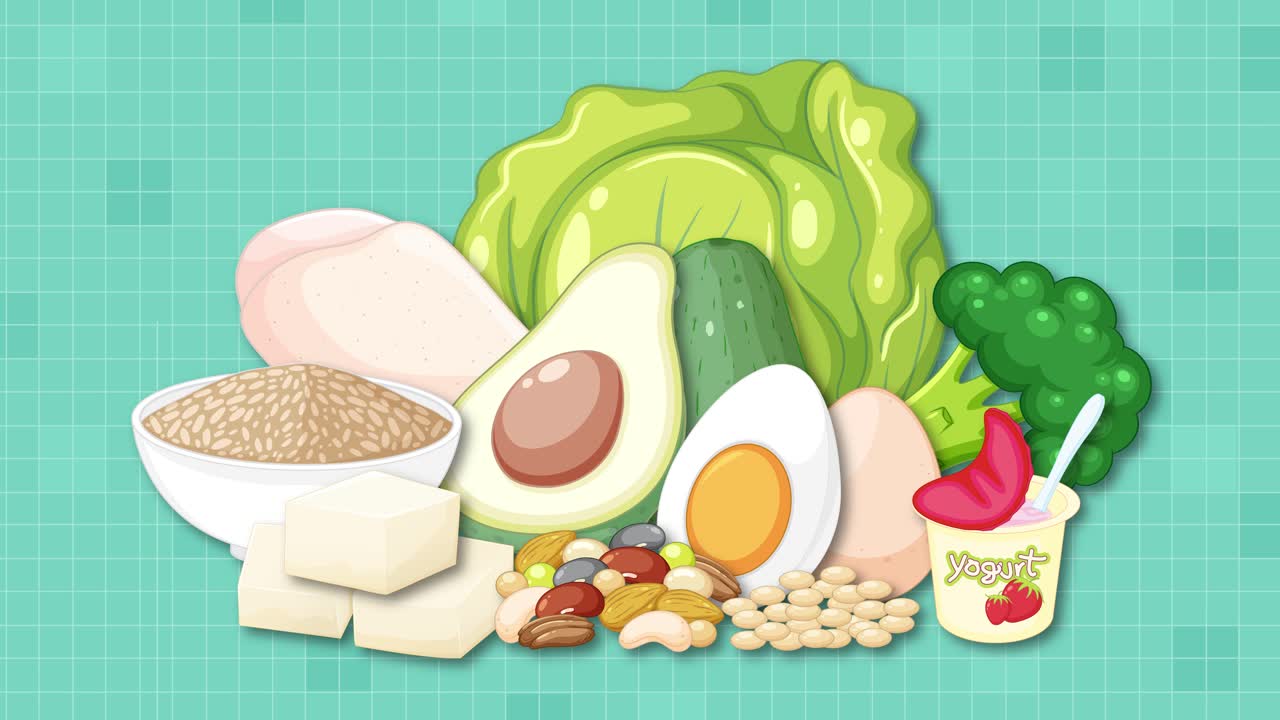 Animated healthy foods assemble gradually, highlighting flexitarian diet variety with clean, flat vector style