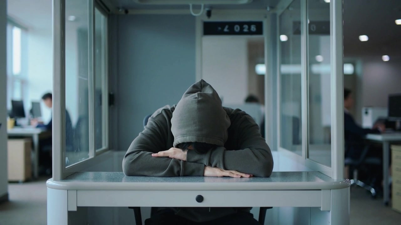 Slumping man in grey hoodie lowering head onto glass cubicle desk at office, feeling fatigue