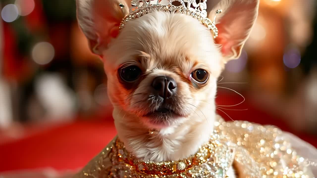 un pequeño chihuahua con una tia sentado en una alfombra roja