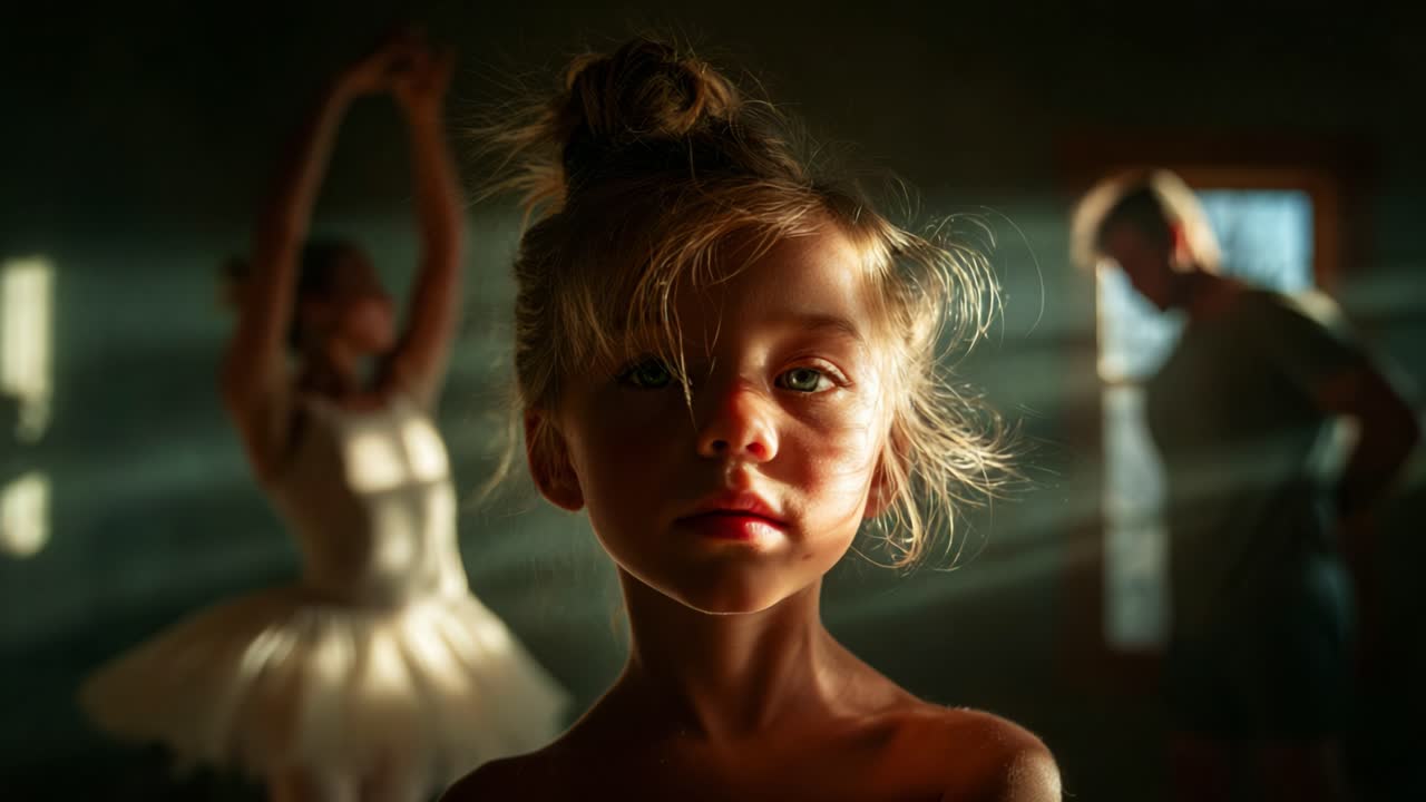 A Captivating Moment in Dance: A Young Ballerina's Intense Focus Amidst Ethereal Light, Capturing the Essence of Passion and Dedication in the Art of Ballet and Performance