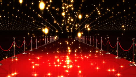 animación de formas rojas y bolas brillantes de llamas cayendo sobre la alfombra roja del lugar